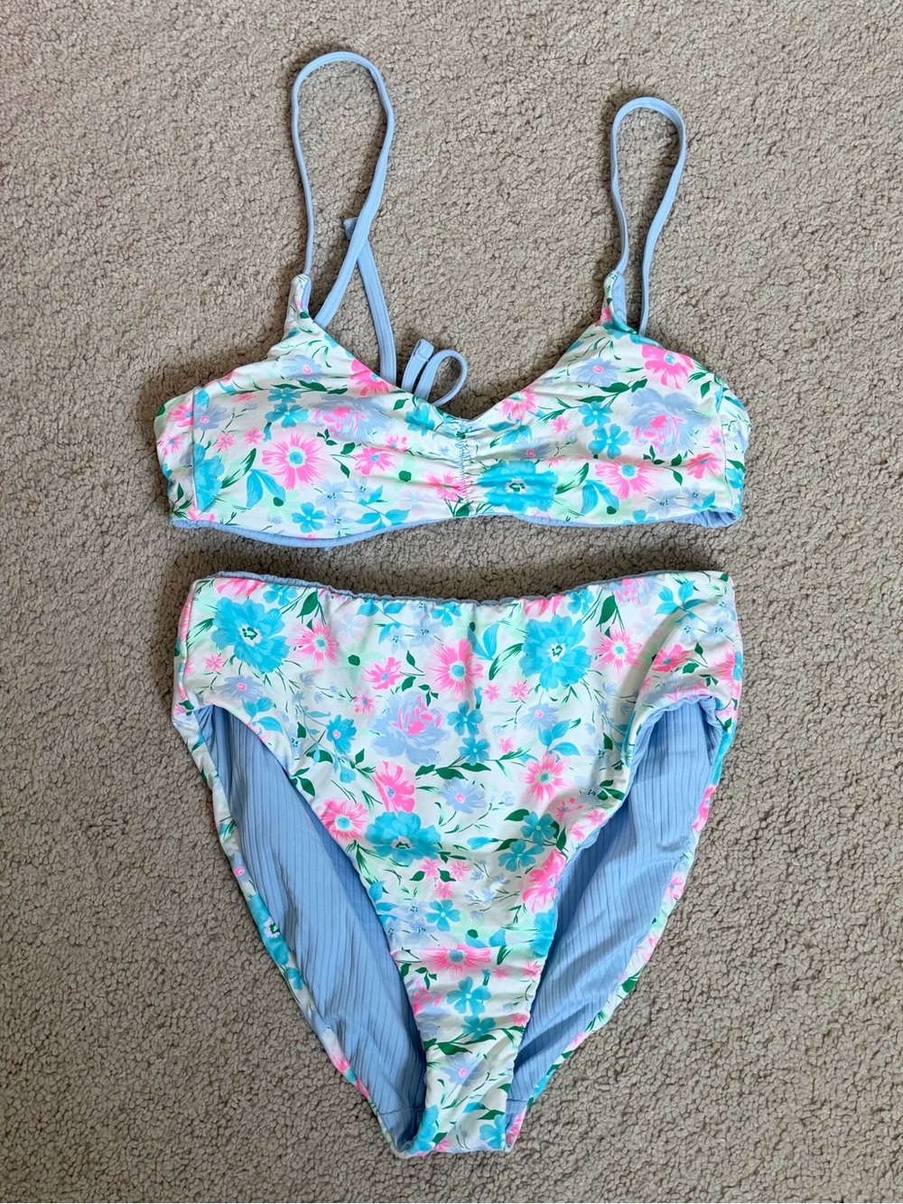 Floral Reversible Two-Piece Women's Bikini Set in Light Blue and Pink